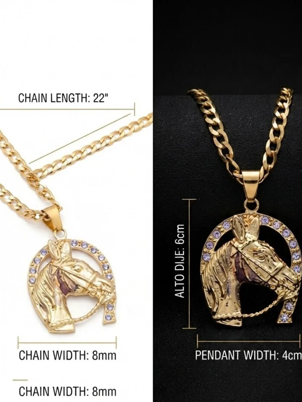 Gold Plated Stainless Steel Horse Head Pendant Necklace with White Stones